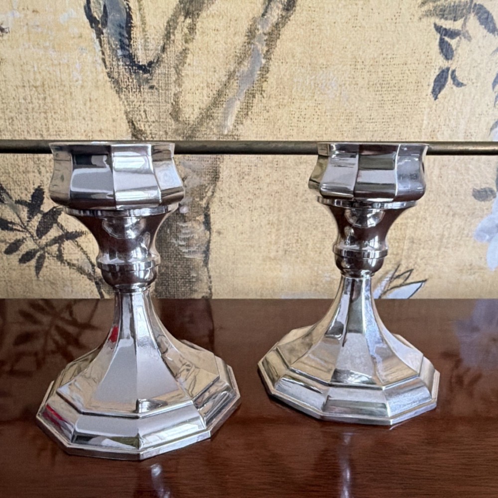 E. P. W. M. Sheffield Art Deco Silverplate Candlesticks Pair Octagonal Base