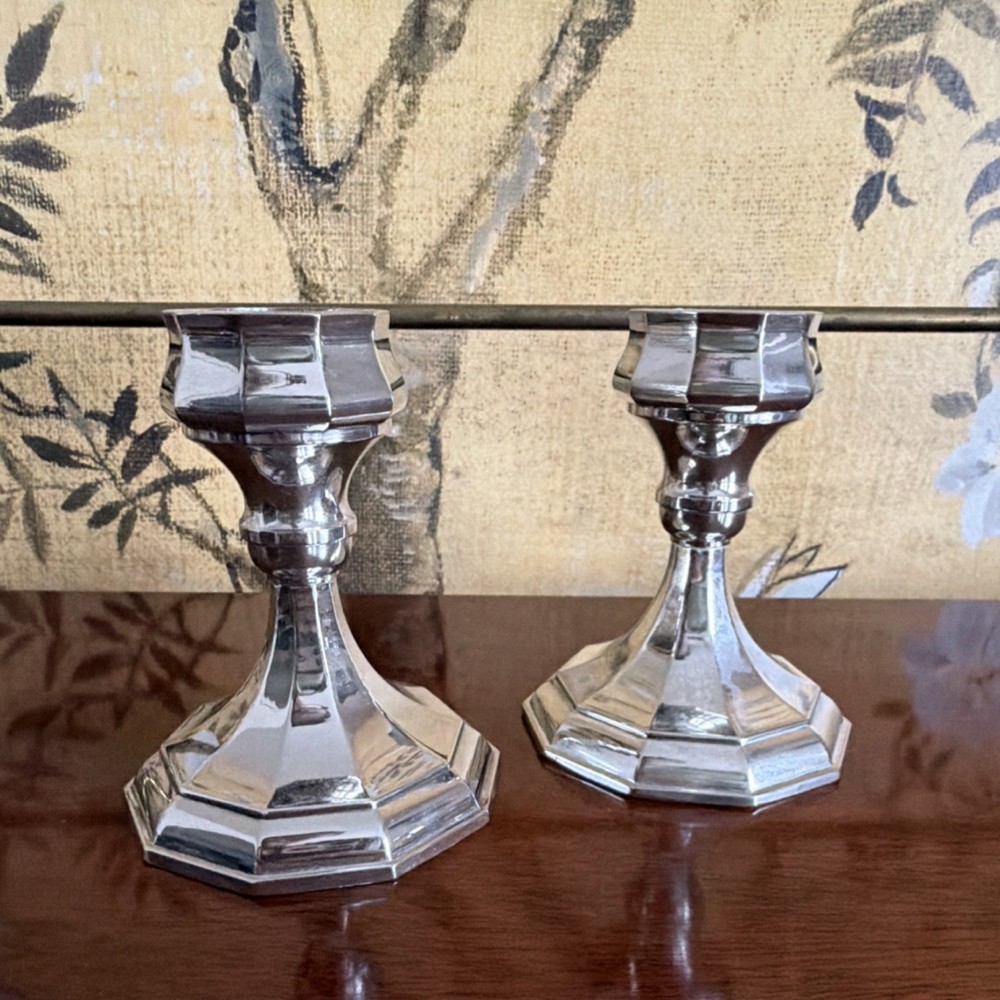 E. P. W. M. Sheffield Art Deco Silverplate Candlesticks Pair Octagonal Base