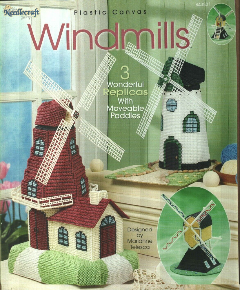 NEW WINDMILLS WITH MOVEABLE PADDLES 3 DESIGNS PLASTIC CANVAS PATTERN BOOK HTF