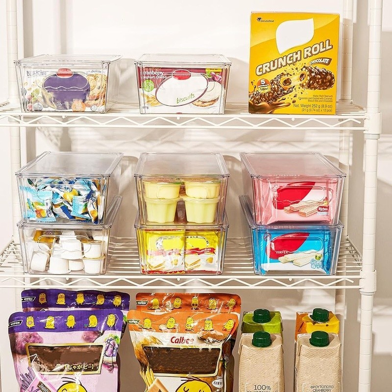 Clear Plastic Storage Bins W/ Lids Kitchen Pantry Organization & Refrigerator US