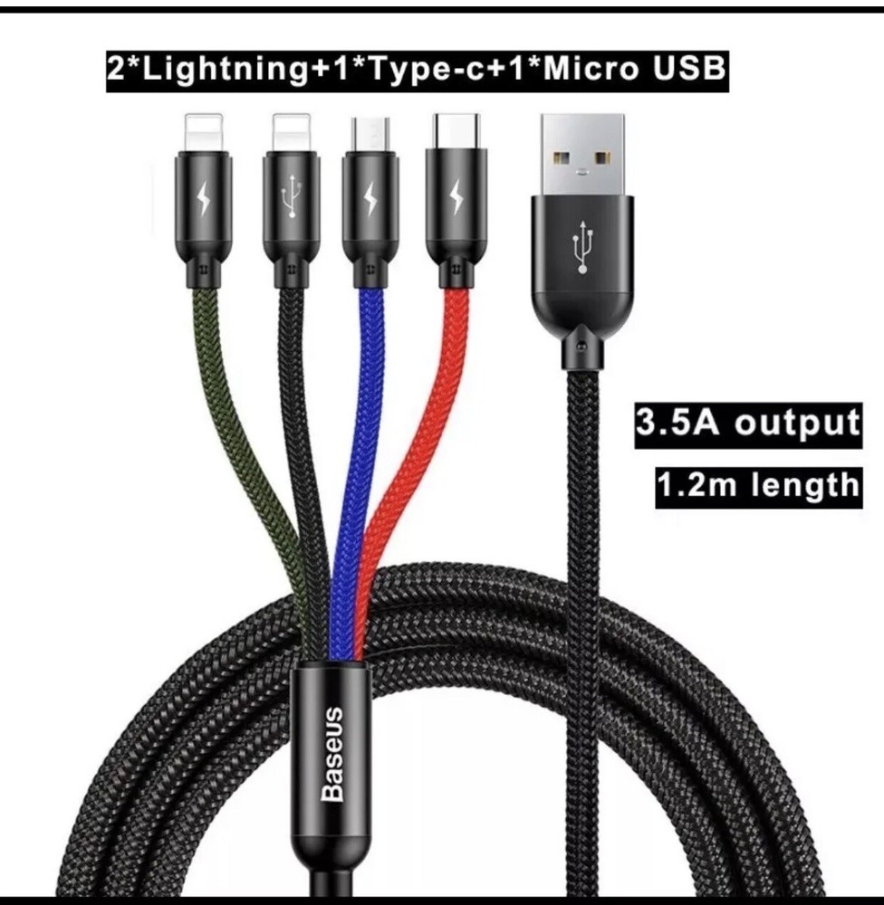 Baseus 4 in 1 Multi USB Charging Cable Fast Charger Cord For iPhone/Type C/Micro