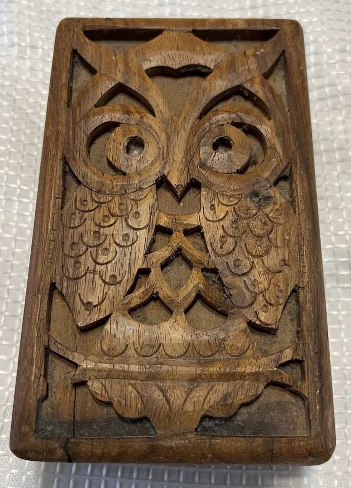 Vintage Hand Carved Wooden Rectangular Decorative Box Owl Floral Pattern, Small