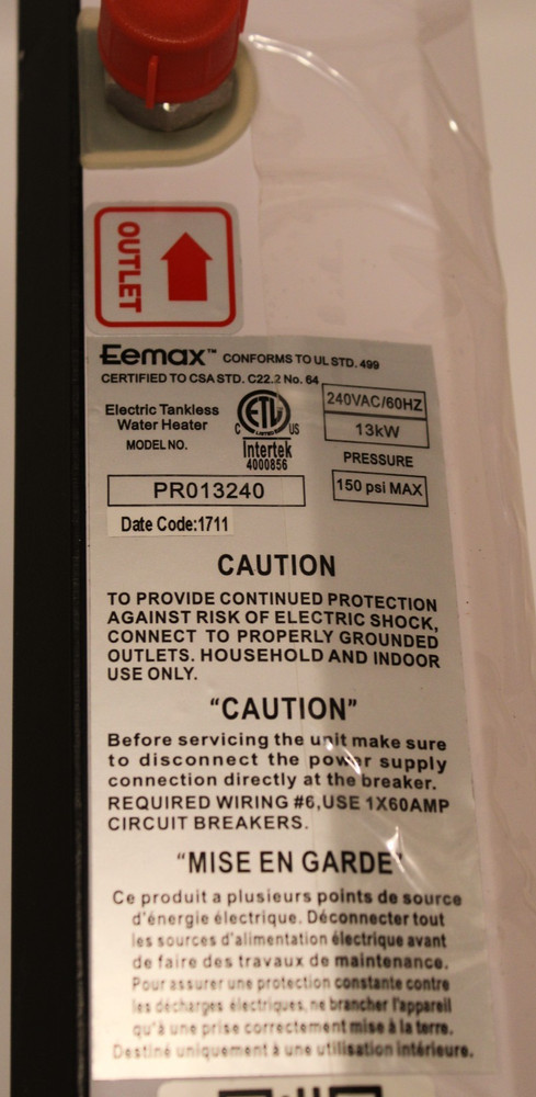 Eemax PRO13240 - 13kW @ 240VAC Electric Tankless Water Heater