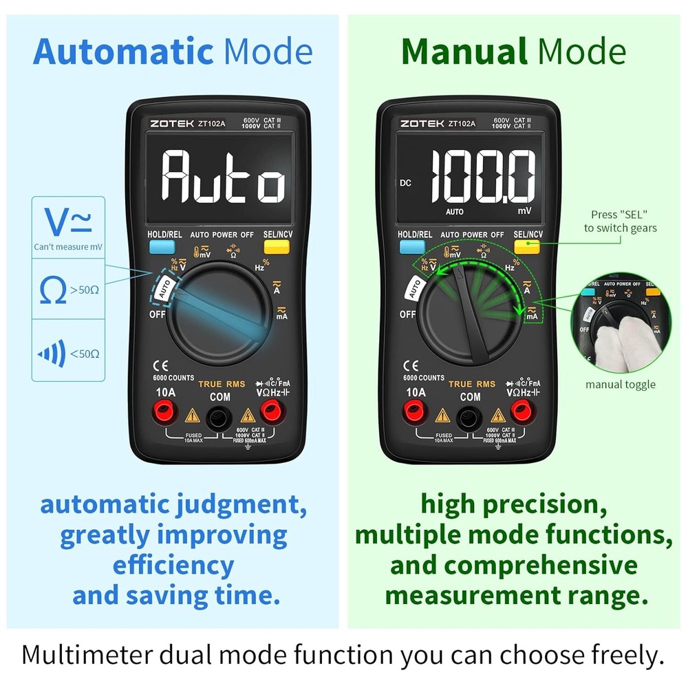Digital Multimeter Auto Ranging Smart LCD Diode Tester AC/DC 6000 Counts T-RMS