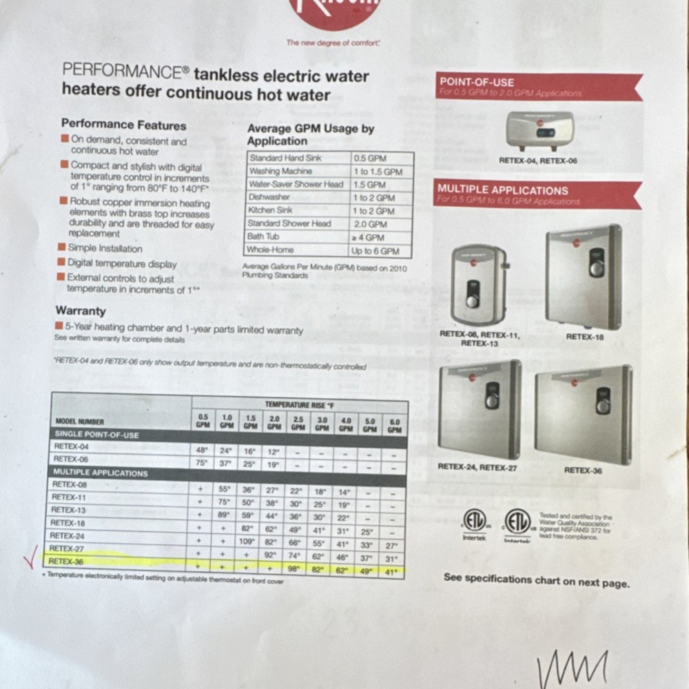 Rheem Performance Tankless Electric Water Heater RETEX Series Digital Display