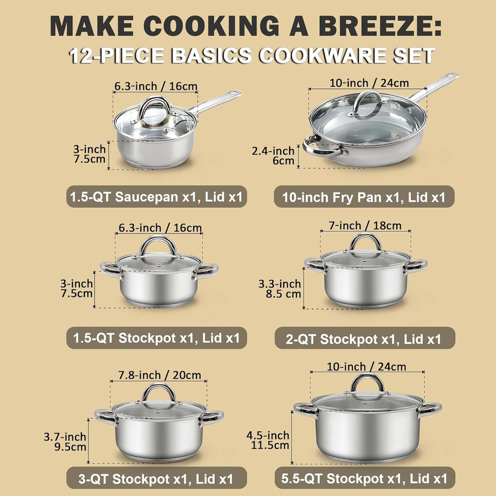 Kitchen Cookware Sets, 12-Piece Basic Stainless Steel Pots and Pans
