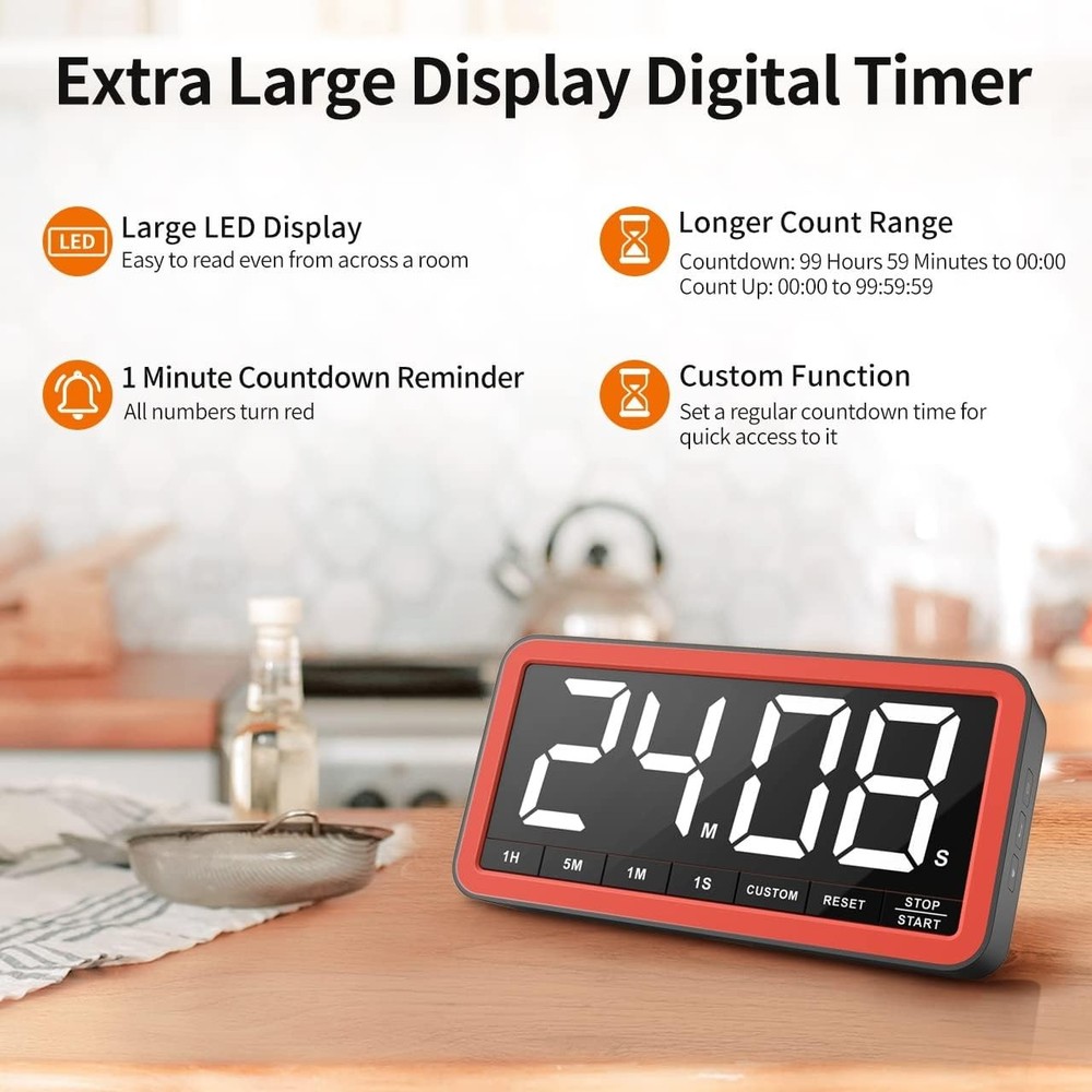 Extra Large 7.8” Digital Kitchen Timer with USB-C, 4 Alarms & 3 Brightness Modes