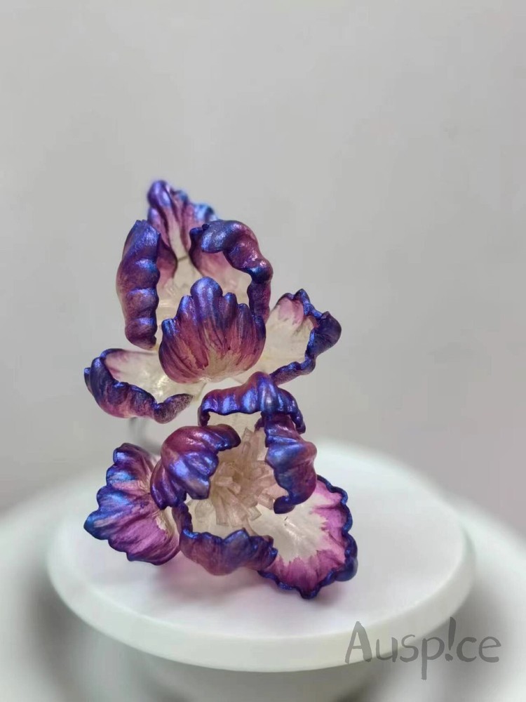 Iris flower ring,leather & silver, voilet blue,gift for her,handmade,adjustable