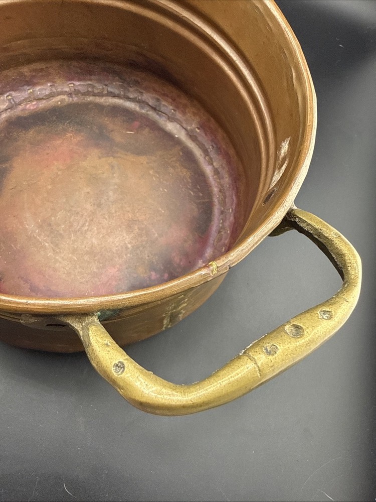 Vintage Solid Copper Cachepot Planter Bowl Brass Handles 7”x4” Rustic Farmhouse