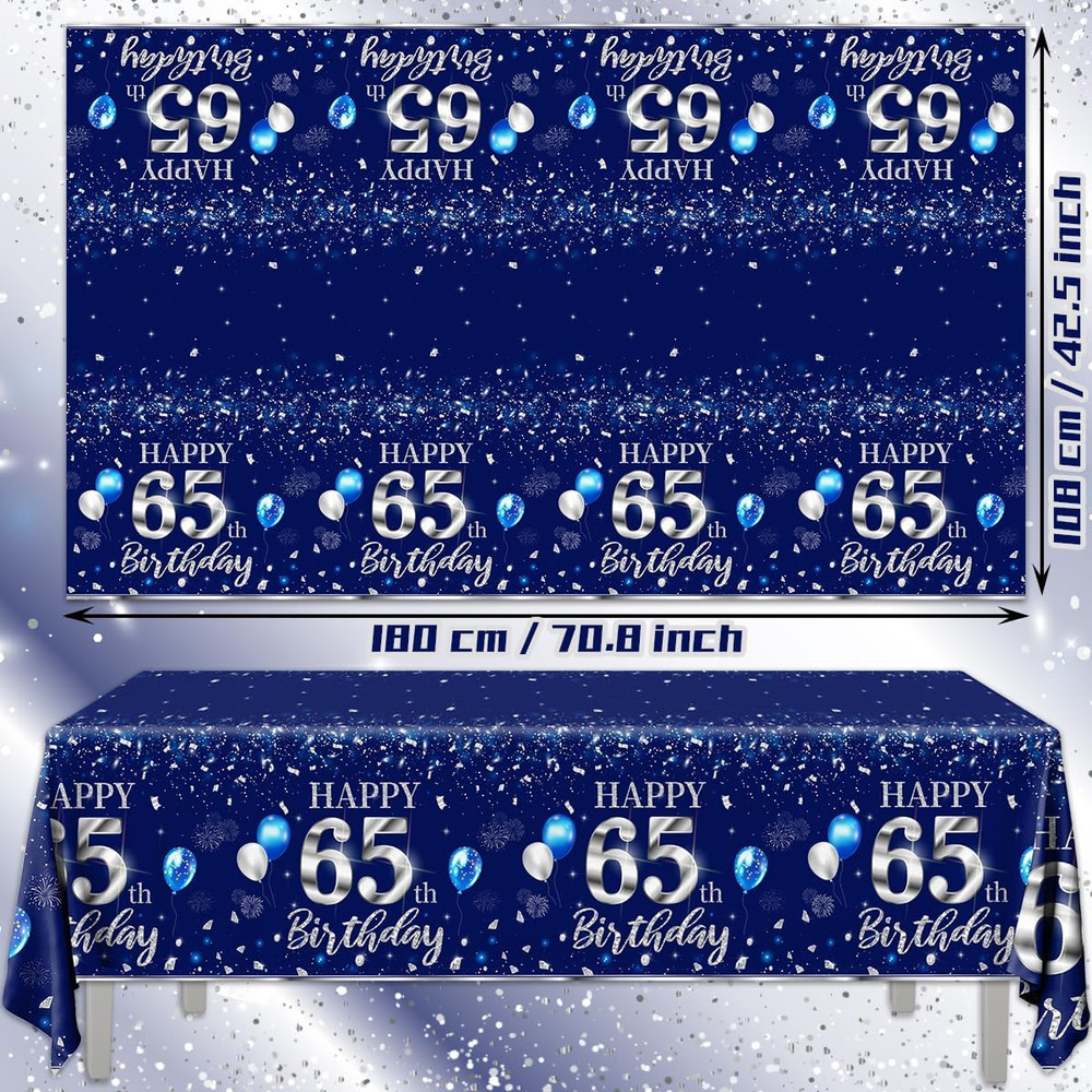 3Pcs 65th Birthday Tablecloth Decorations Sliver and Blue Table Cover Plastic 65