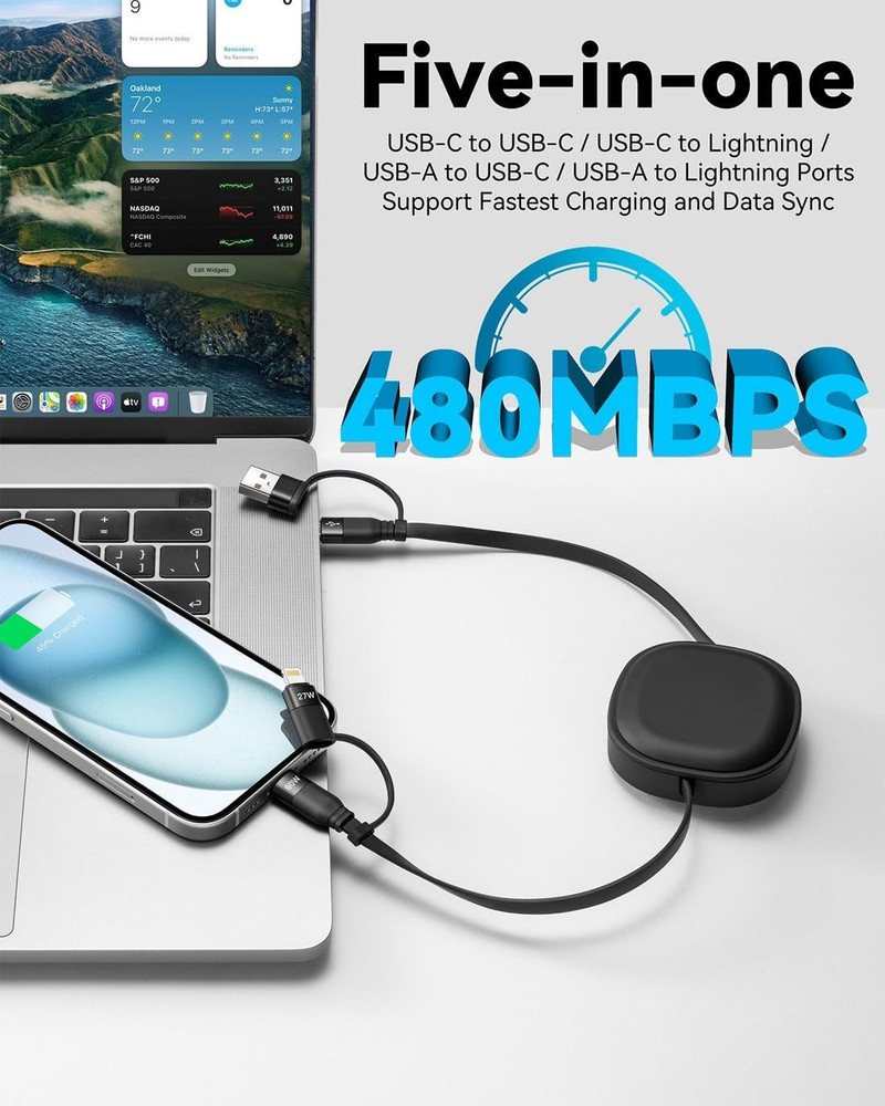 Multi Charging Cable, 2Pack 5 in 1 Retractable Lightning 4 feet, Black