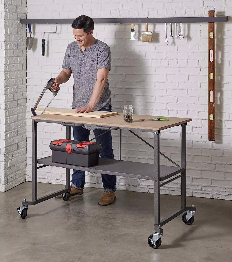 Folding Workbench Work Table w/ Wheels Bottom Shelf Storage for Workshop Garage