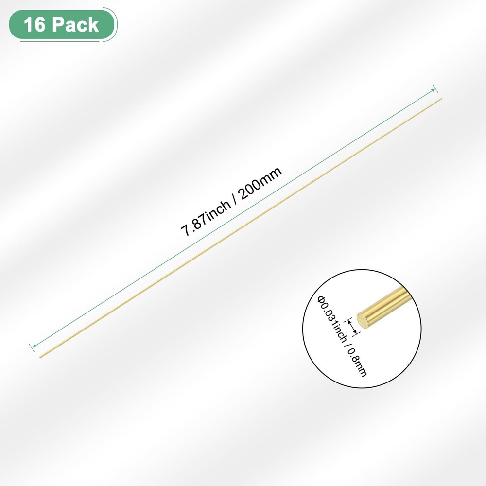 16 Pack 0.8x200mm H65 Solid Brass Round Rods for DIY Craft Model Making