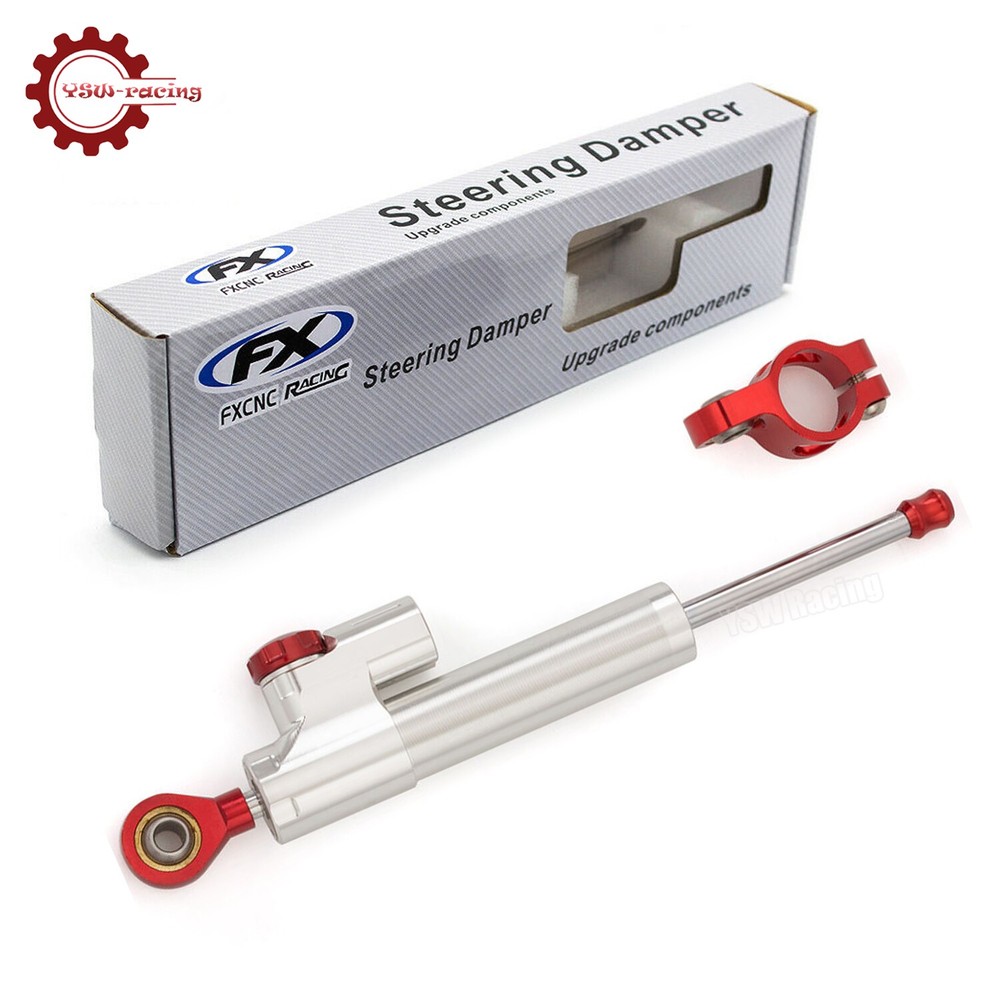 Motorcycle Universal CNC Adjustable Steering Damper Stabilizer Safety Silver&Red