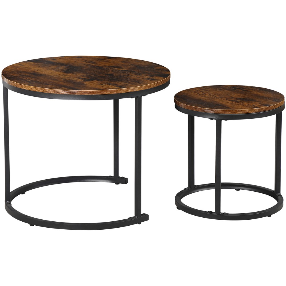 Set of 2 Nesting Coffee Table Round End Side Table for Small Spaces Rustic Brown