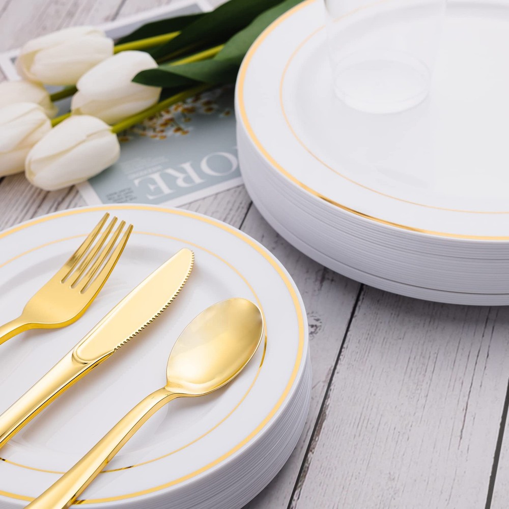 60PCS Gold Plastic Silverware Gold Plastic Cutlery Set Disposable Flatware D...