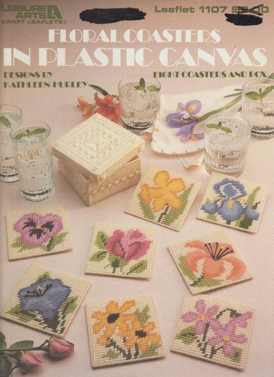 OOP!!! FLORAL COASTERS IN PLASTIC CANVAS 8 COASTERS & BOX