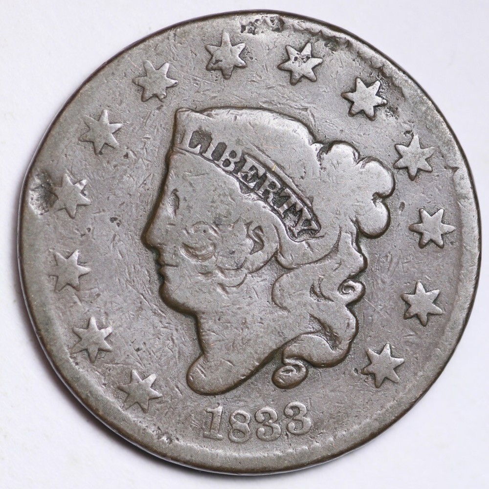 1833 Coronet Head Large Cent CHOICE VG FREE SHIPPING E176 T