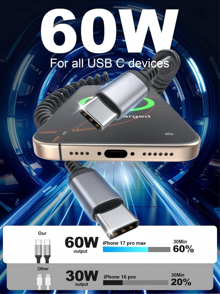 Coiled USB C to C Cable 3FT, 2 Pack Retractable C Black