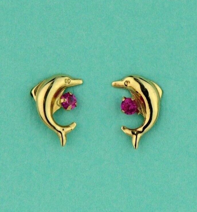 14k yellow gold dolphin earrings stud cz