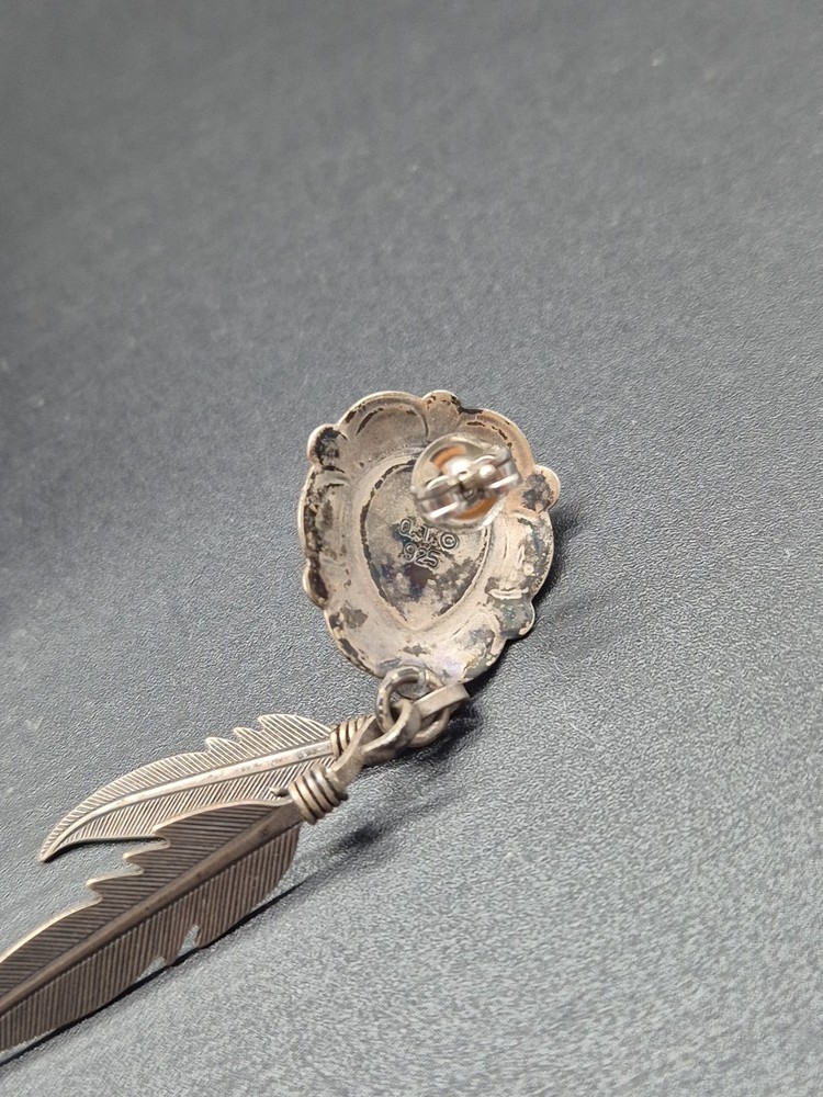 Vintage Native American Sterling Silver Dangle Feathered Earrings by Q.T.