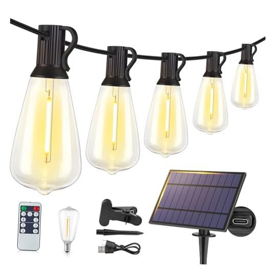 48FT Solar String Lights Outdoor with Remote, Waterproof Dimmable 1 Black