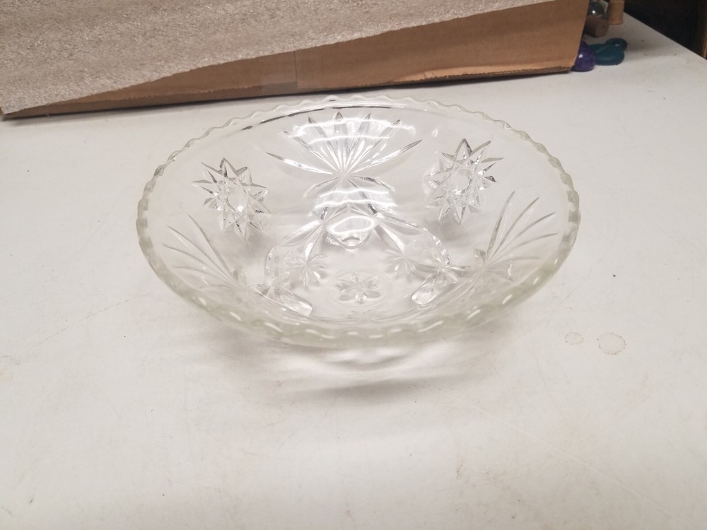 Footed Clear Cut Glass Dish Star/Palm Leaf Design