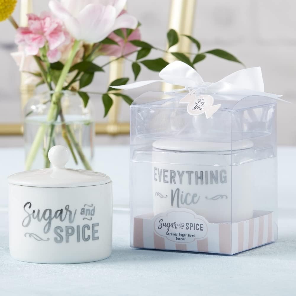Ceramic Sugar Container/Bowl, Spice and Everything Nice, White with Silver Fo...