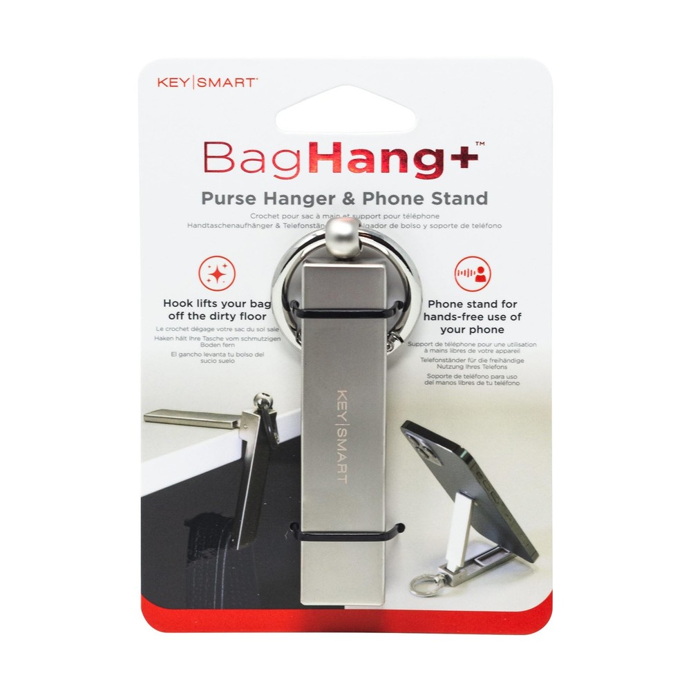 KEY SMART BagHang Plus - 2-in-1 Purse Hook for Table & Phone Stand - Silver