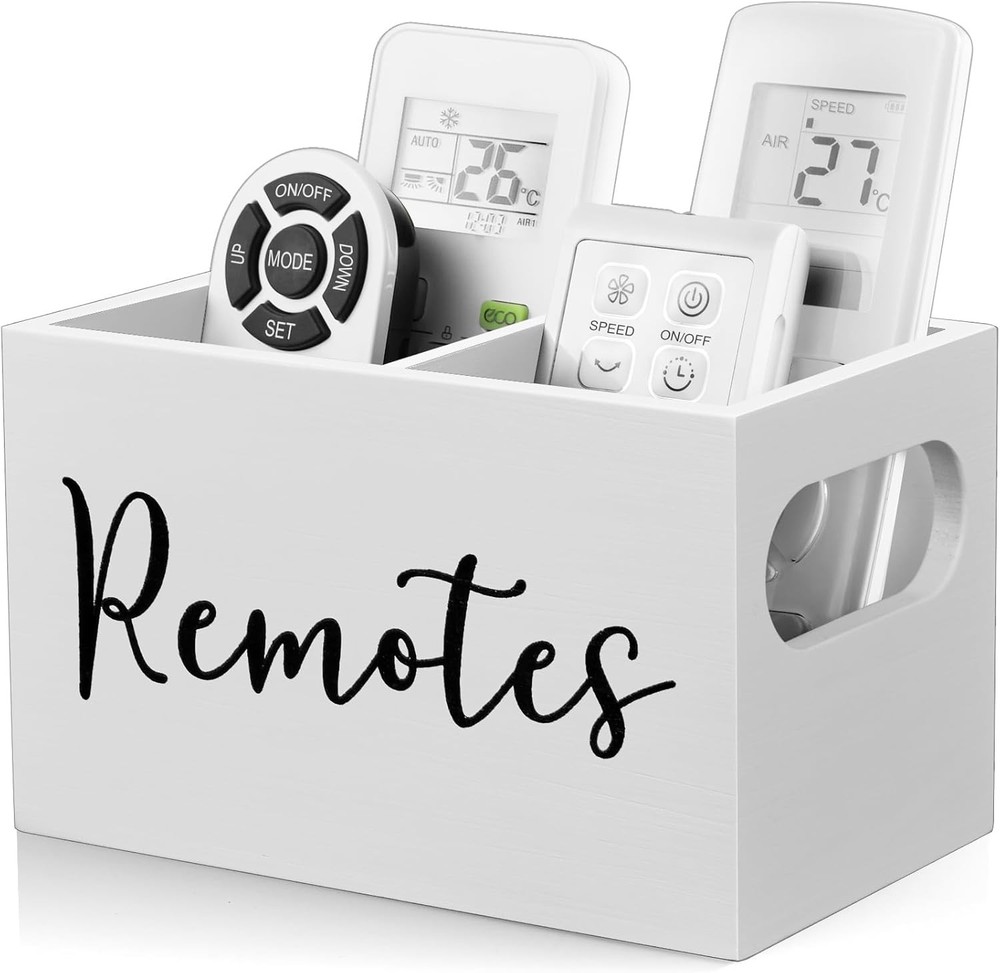 DRASTAR Rustic White Remote Caddy, 2-Compartment TV 2 Slots,