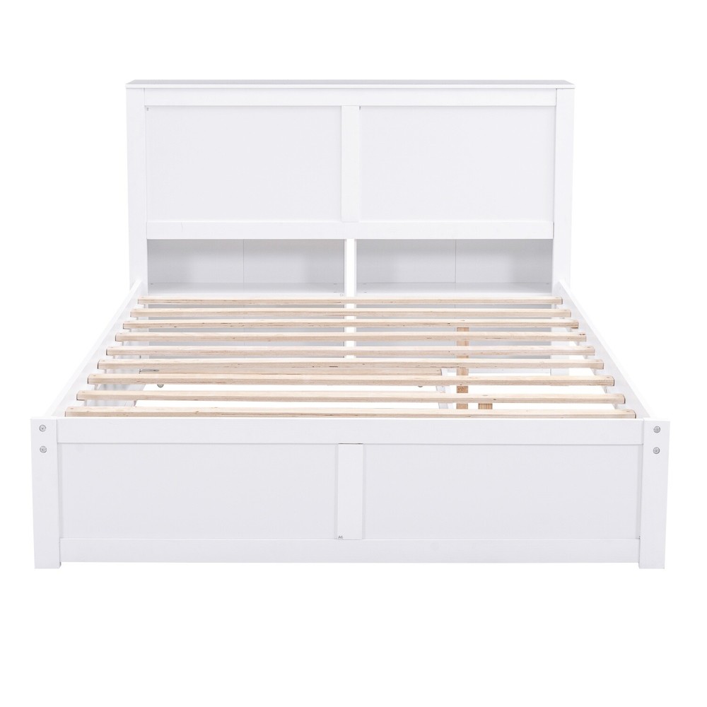 Full/Queen Size Bed Frame Wood Platform Bed w/ Trundle & Pull Out Shelves White