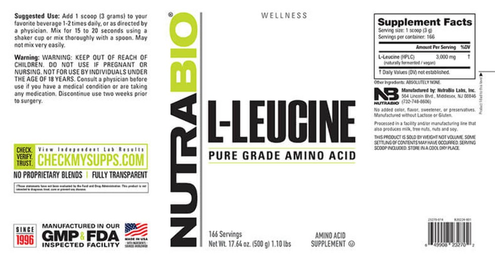 NutraBio - L-LEUCINE - 500g Unflavored Powder