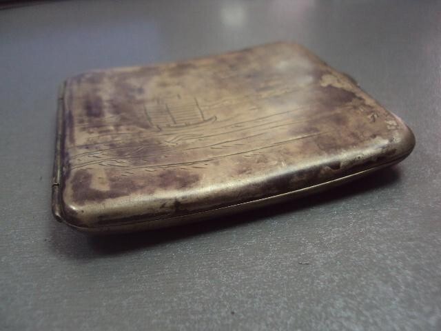 Antique Cigarette case Sterling silver 950 carving engraving ship monogram