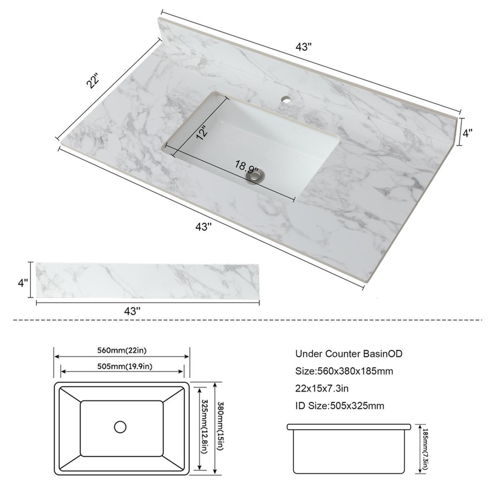 43"x22" Sintered Stone Bathroom Vanity Top with Rectangular Ceramic Sink, 1