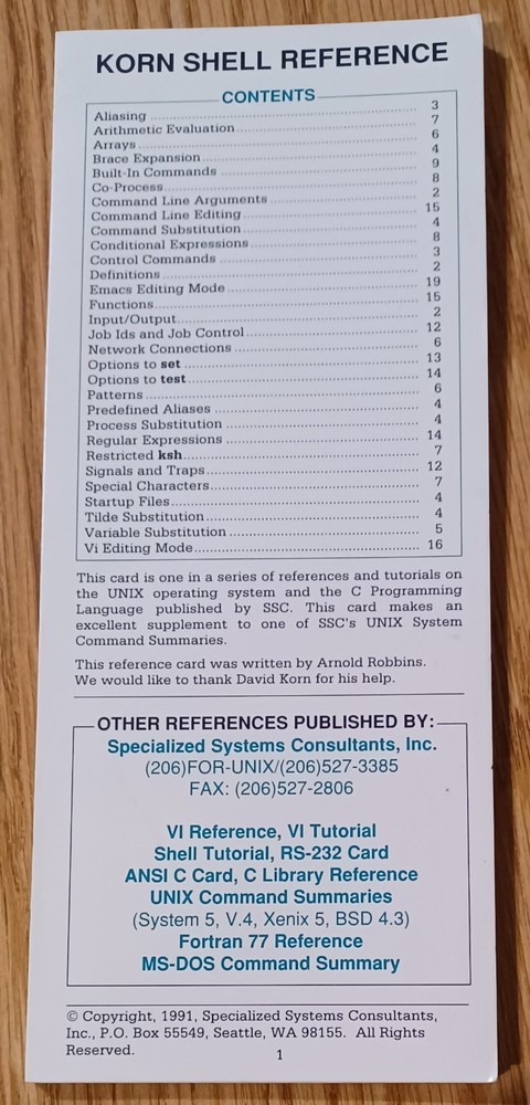 Korn Shell Reference '91 + UNIX System V Command Summary '87 Vintage UNIX Cards