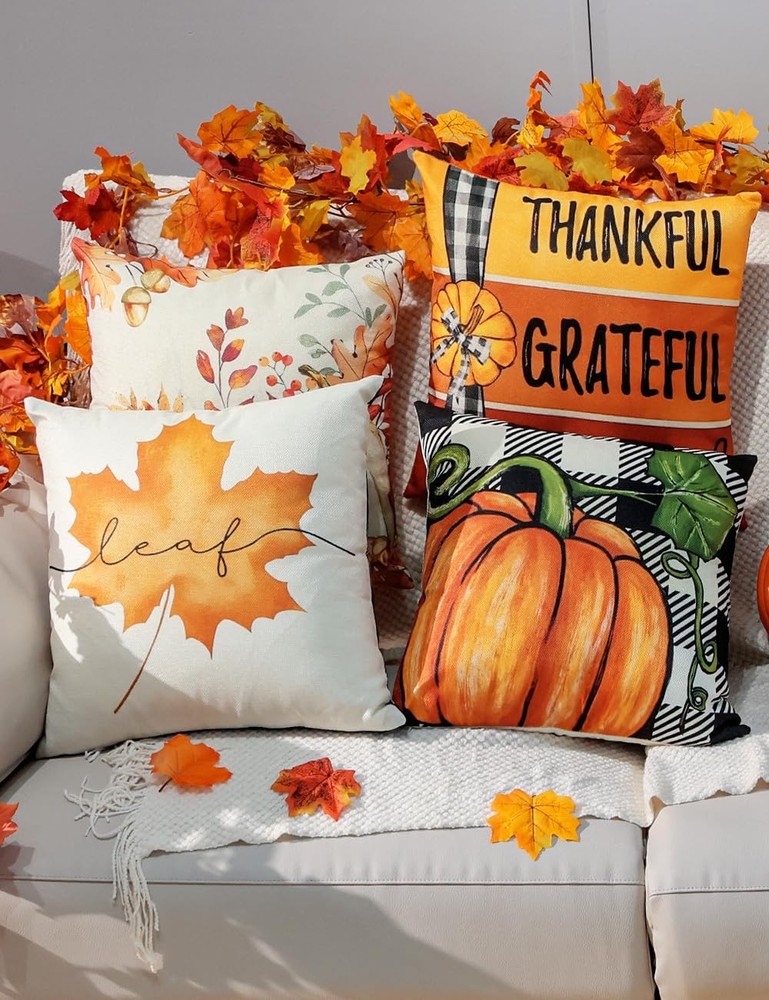 Fall Decorations Flowers Pumpkins Maple Leaf Pillow Covers Gift 4PCS 18''x18''