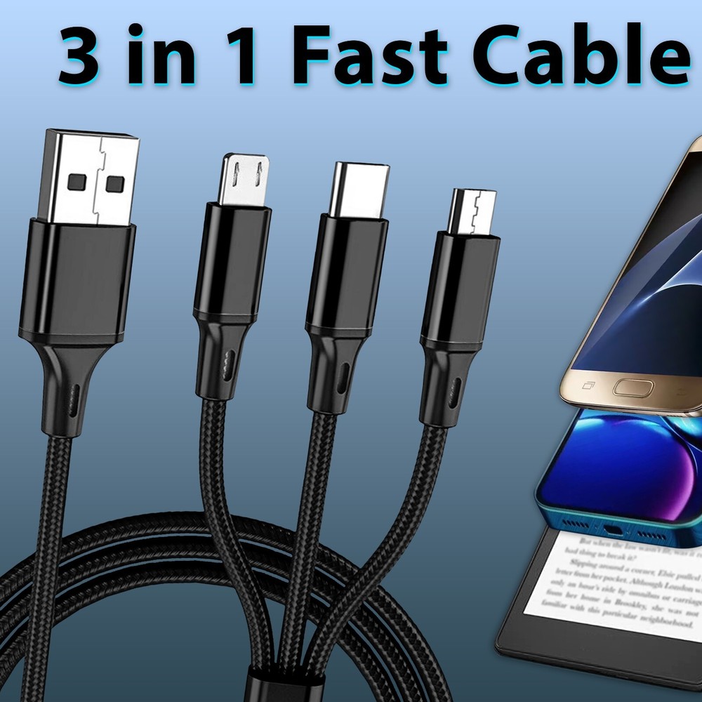 3 in 1 Fast USB Charging Cable Universal Multi Function Cell Phone Charger Cord