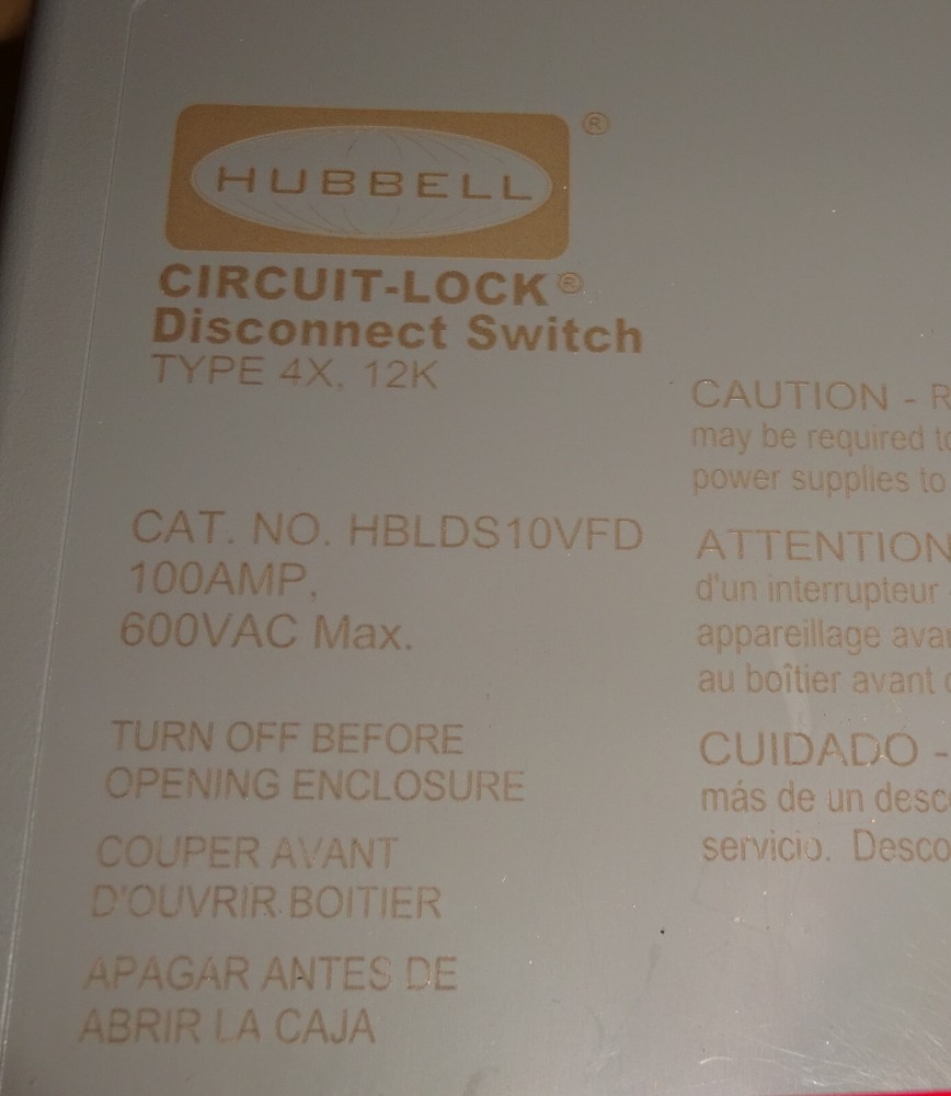 Hubbell HBLDS10VFD Disconnect Switch 100A NEW