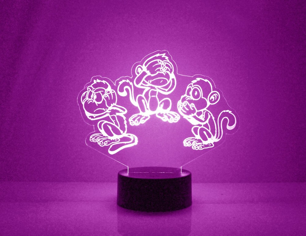Hear, See & Speak No Evil Monkeys Personalized Night Lamp FREE Engraved Names