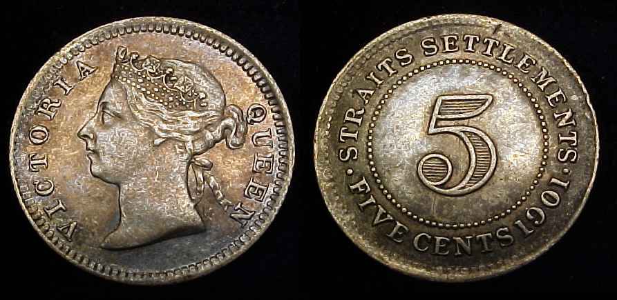 STRAITS SETTLEMENTS 1901 Silver 5 Cents XF