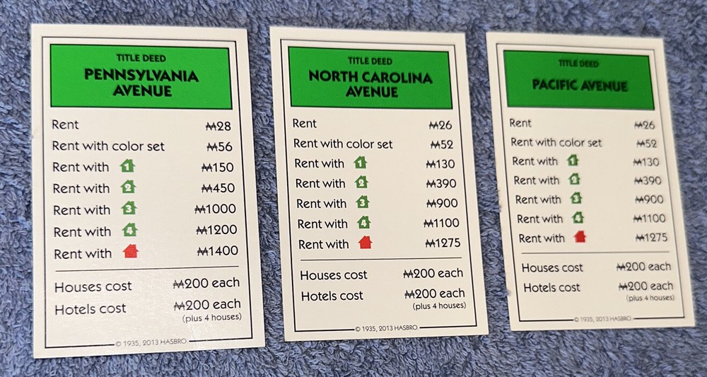 2013 Hasbro Monopoly Replacement Piece 3 Green Property Cards