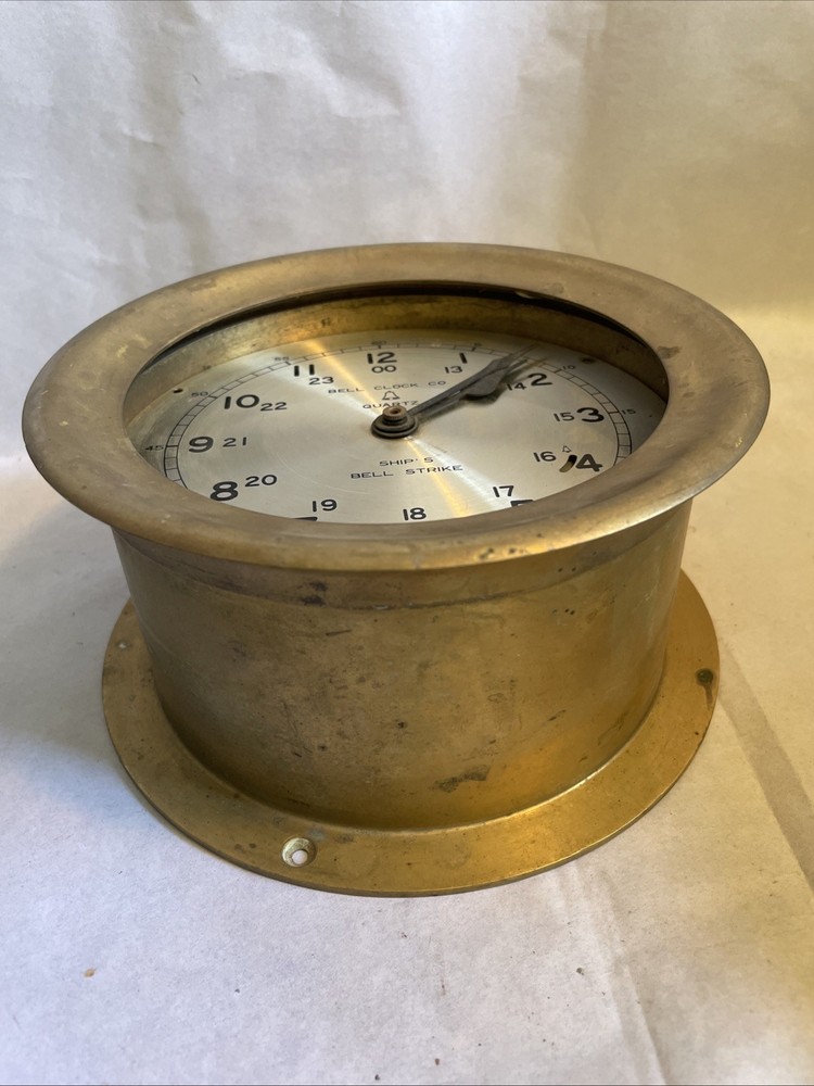 Bell Clock Co. 7” Clock. Ships Bell Strike Missing Front Glass, Brass Body