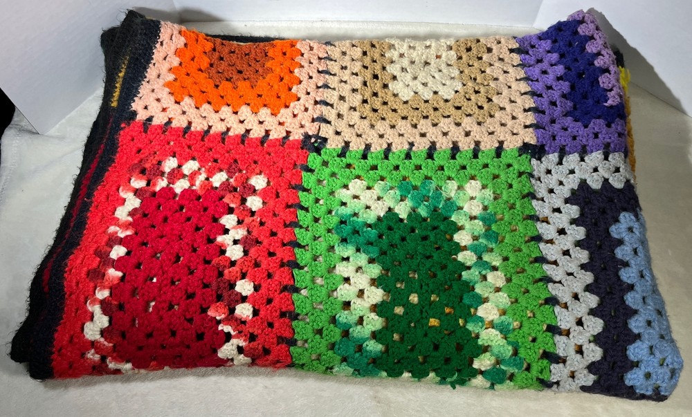 Crochet Afghan Handmade Granny Square Multicolor Sofa Couch Throw Blanket READ