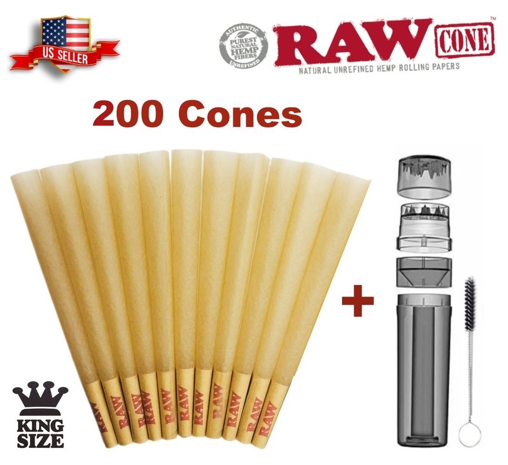 Authentic RAW Classic King Size Pre-Rolled Cones 200 Pack 🌟3 in 1 Grinder