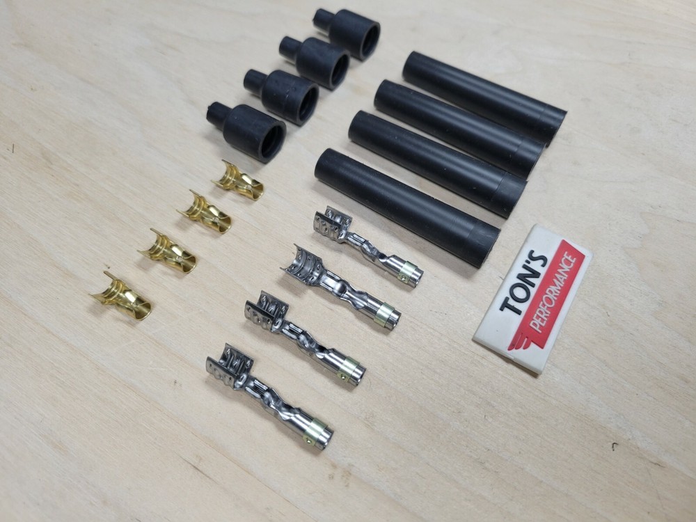 4 Cylinder Black Rubber Spark Plug Boot Kit Stainless & Brass Ends Universal