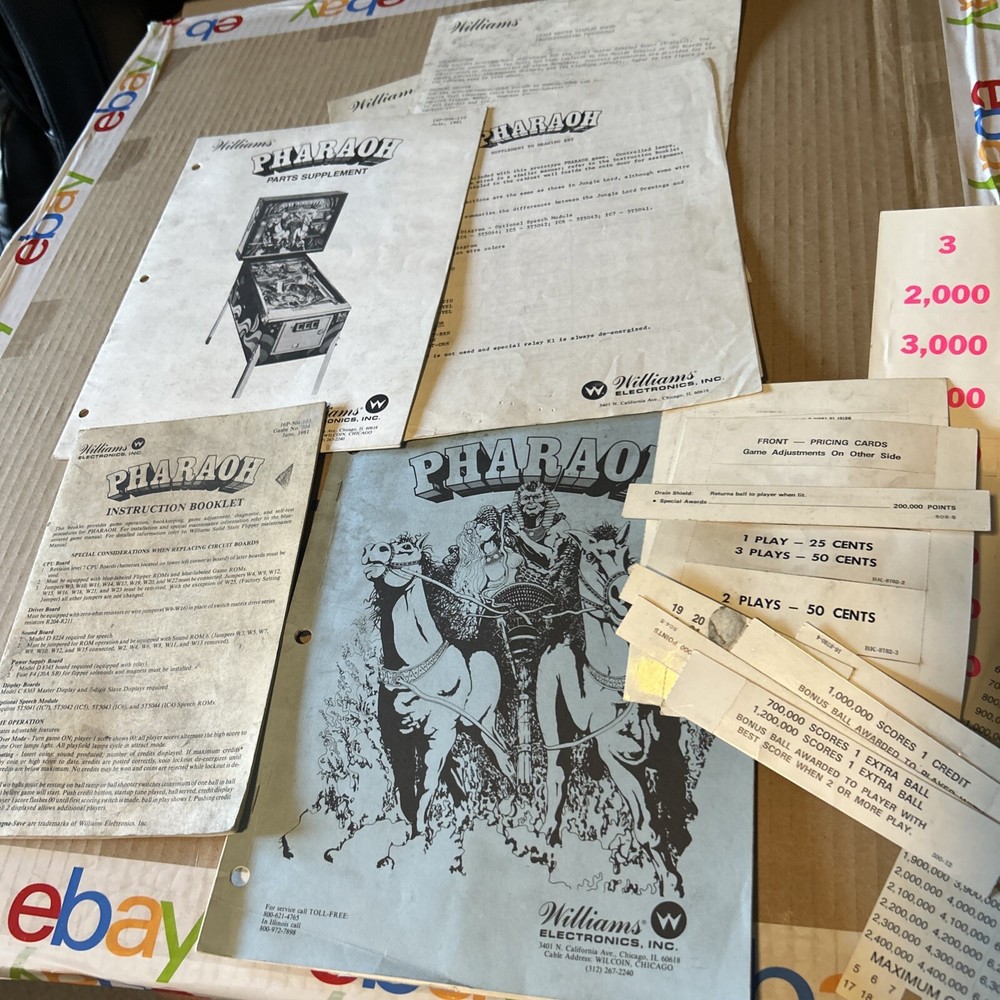 Original Pharaoh Set Williams Pinball With Schematics arcade game manual