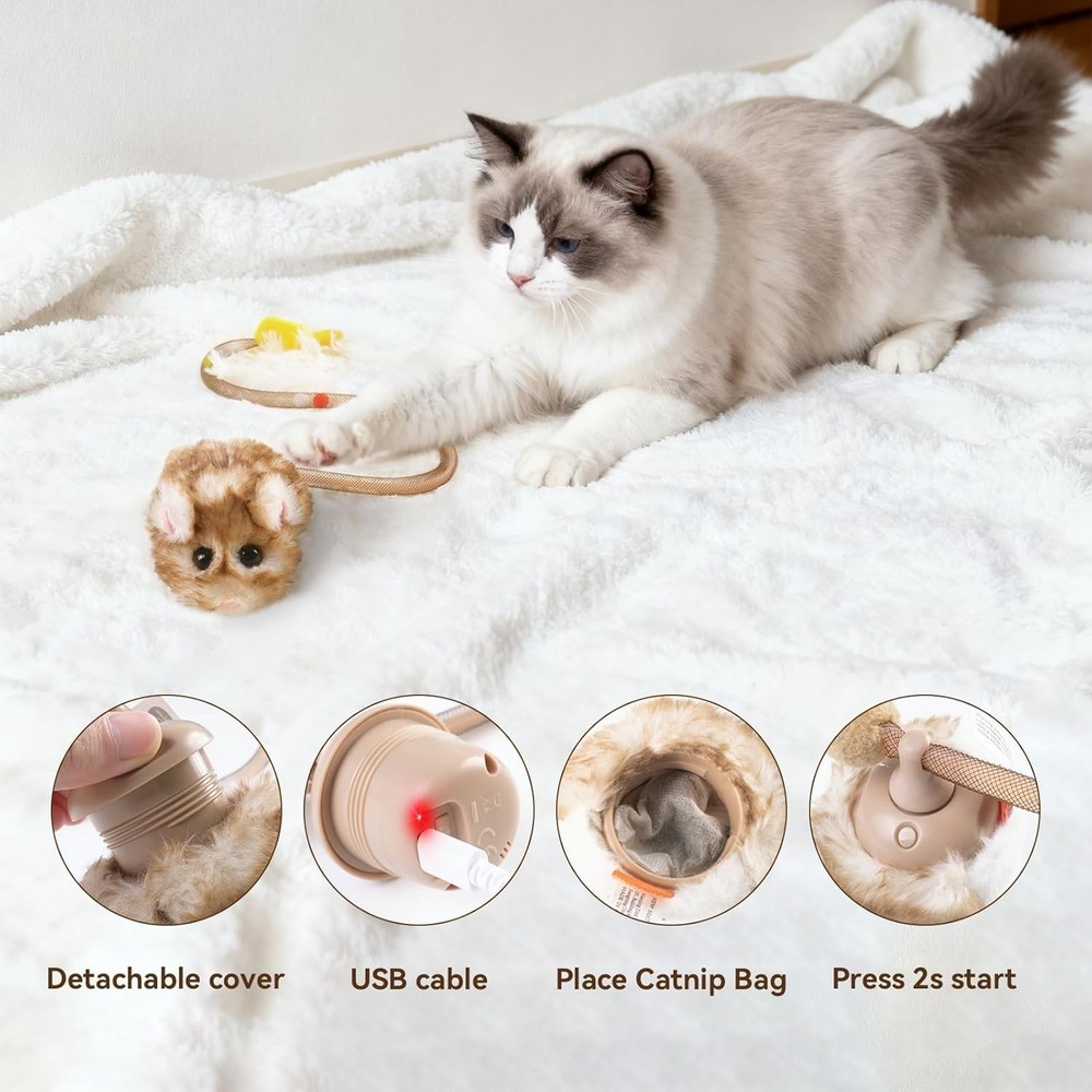 Indoor Cat Play Mouse – 360° Spin, Squeaker, Replaceable Catnip