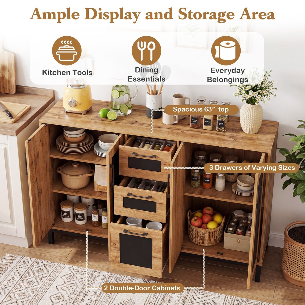63” Sideboard Buffet Cabinet w/3 Drawers & Storage Shelves for Kitchen, Entryway