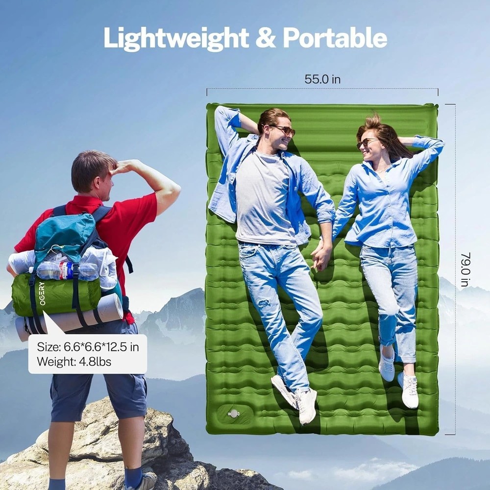 6" Extra-Thick Camping Sleeping Pad with Pillows & Easy Foot Pump - Waterproof