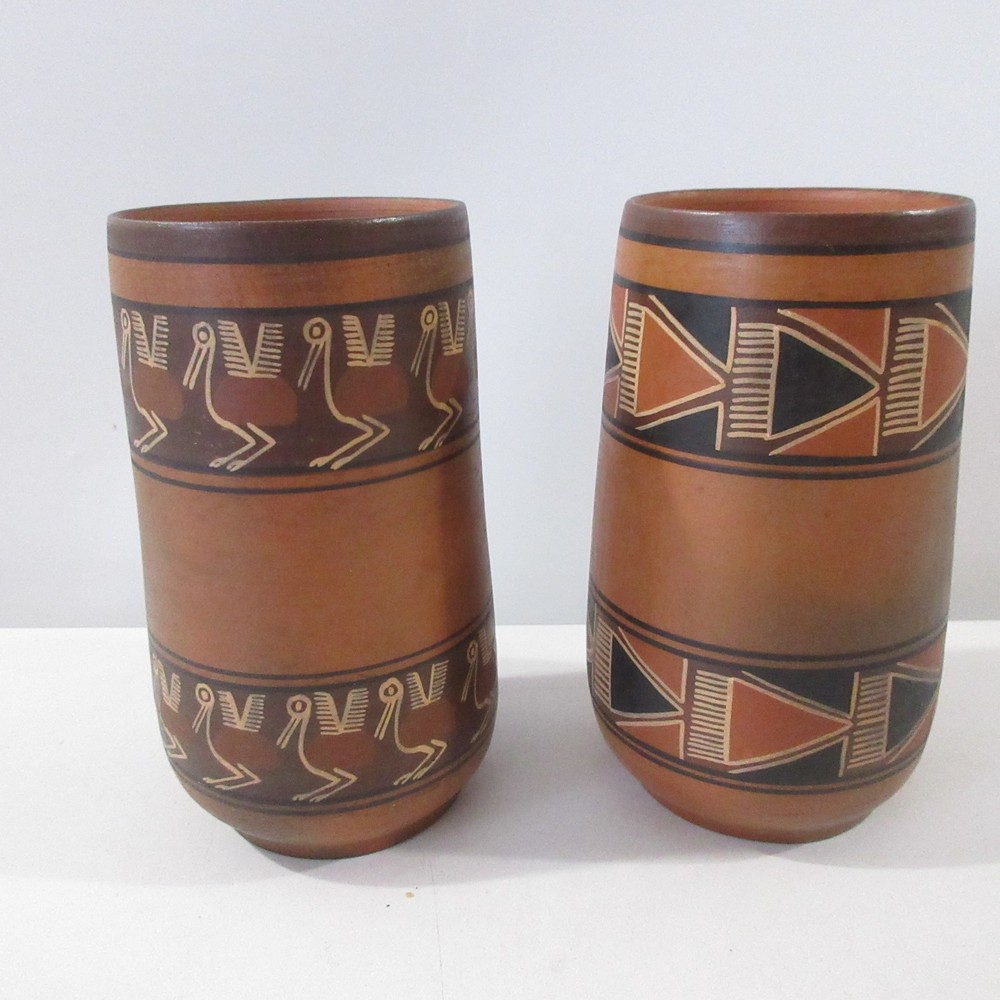 Peruvian Red Clay Earthenware Vessels Drinking Cup Vase Handmade Hand painted